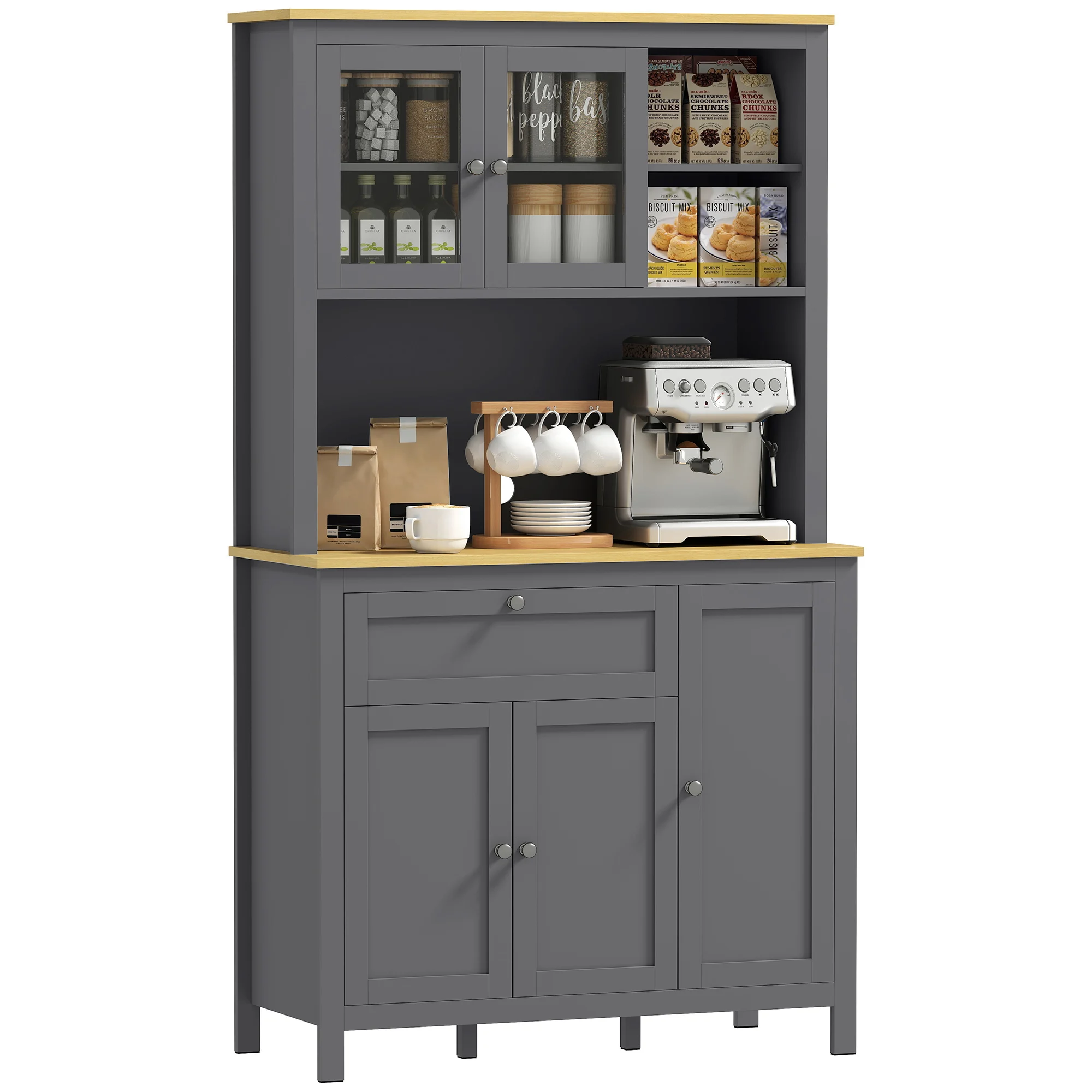 HOMCOM Alacena de Cocina Mueble Auxiliar de Cocina con 5 Puertas Estante Ajustable y Encimera de Microondas 100x40x180cm Gris