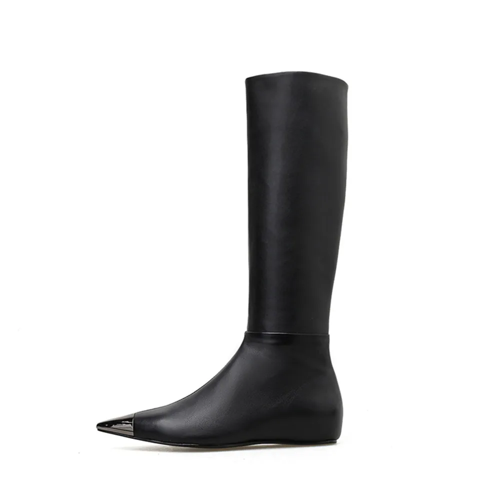 MKKHOU Fashion Knee-High Women Boots New Metal Pointed Toe Side Zipper Mid-Boots Flat All-Match Women Leather Boots High Boots