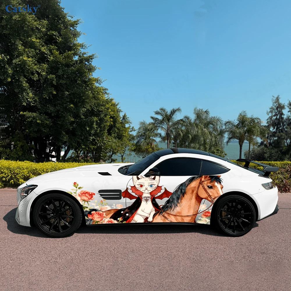 

Vampire Cat Riding Horse Car Vinyl Wraps Decal Self-adhesive PVC Sticker Suitable for Trucks SUV Decor Auto Accessories Gift