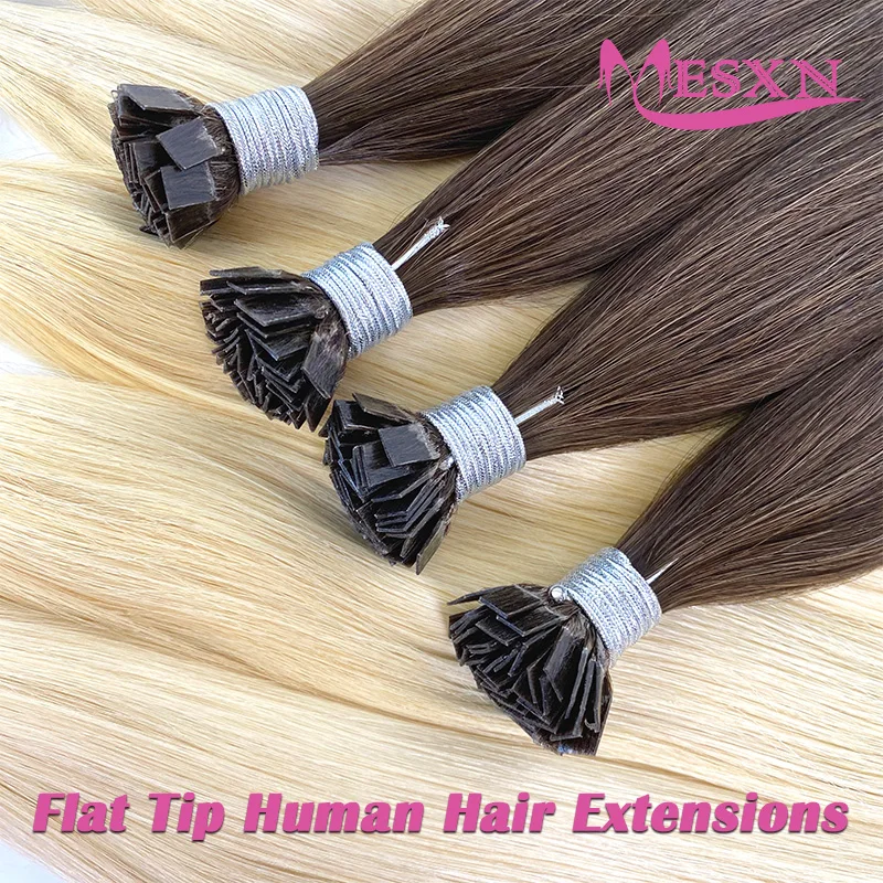 MESXN Flat Tip Hair Extensions  100% Really Human Hair Natural Straight Extensions Brown Blonde Color 16-24inch 1g/Strand