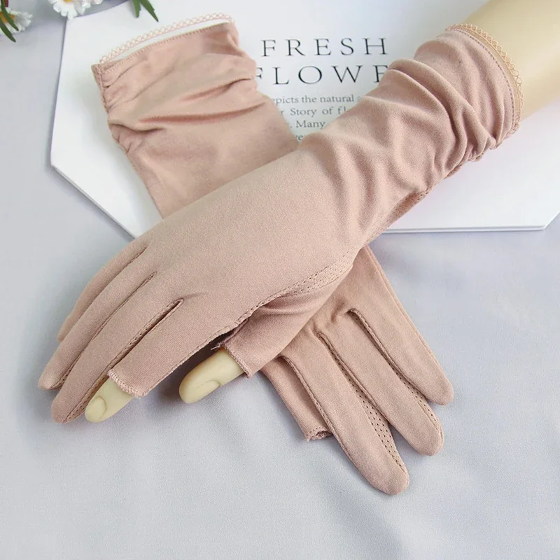 New Womens Solid Summer Thin Finger Touch Screen Mid-length Cotton Fingerless Autumn Half-finger Sun Protection Driving Gloves