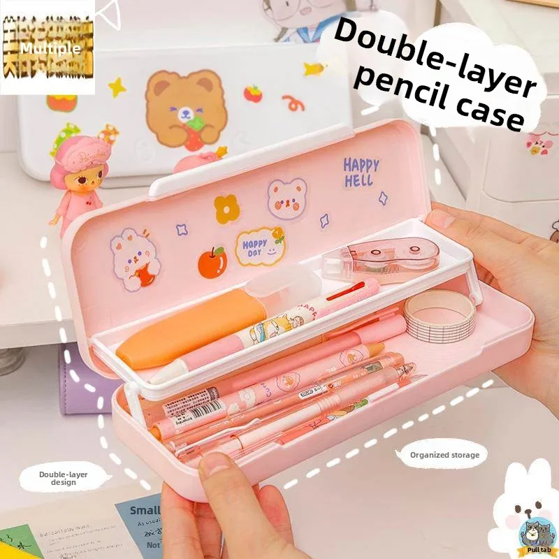 creative-double-layer-large-capacity-girls-cartoon-pencil-case-iron-material-stationery-box-cute-shape-student-desk-organizer