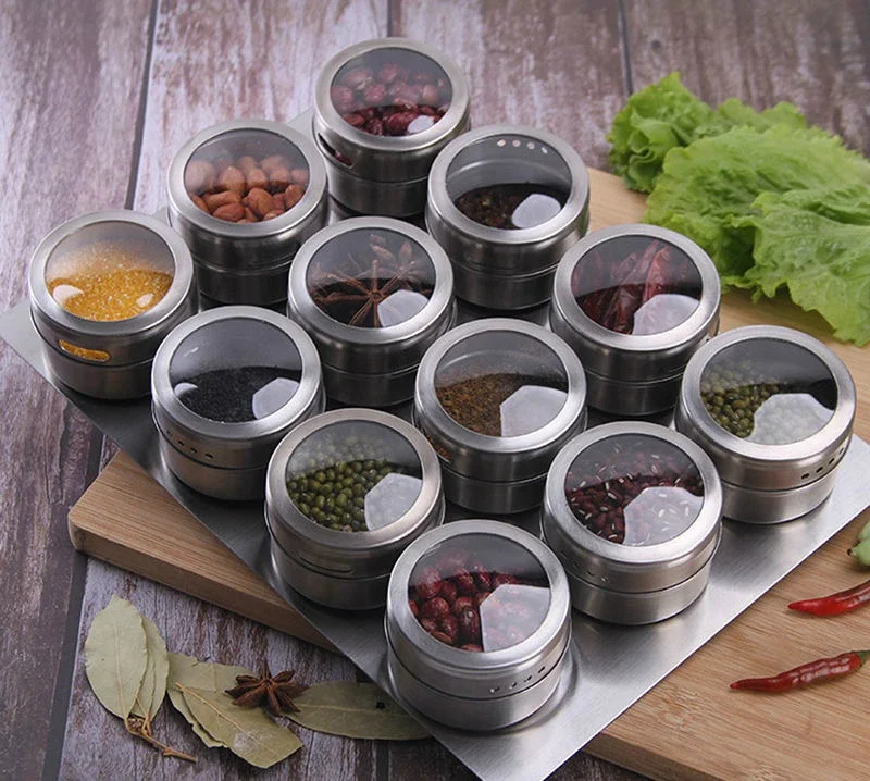 1pcs Magnetic Spice Jar Set With Stickers Stainless Steel Spice Tins Spice Storage Container Pepper Seasoning Sprays Tools