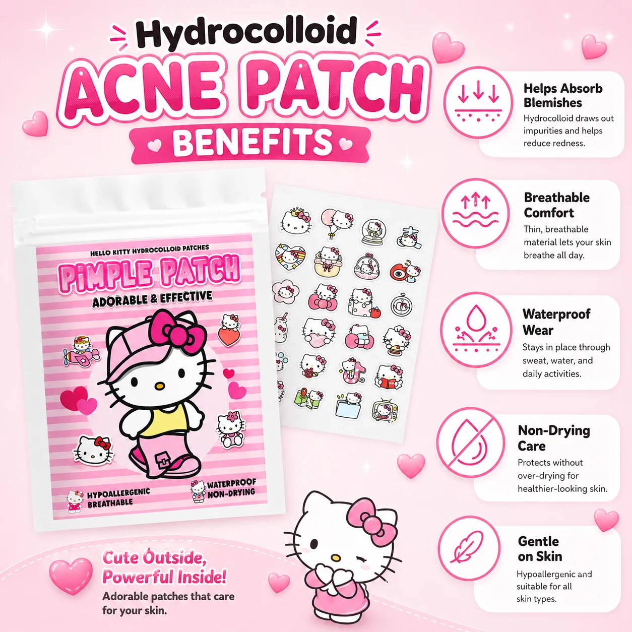 120PCS hello kitty Acne patches, facial acne patches, hydrogel acne removal patches, concealer