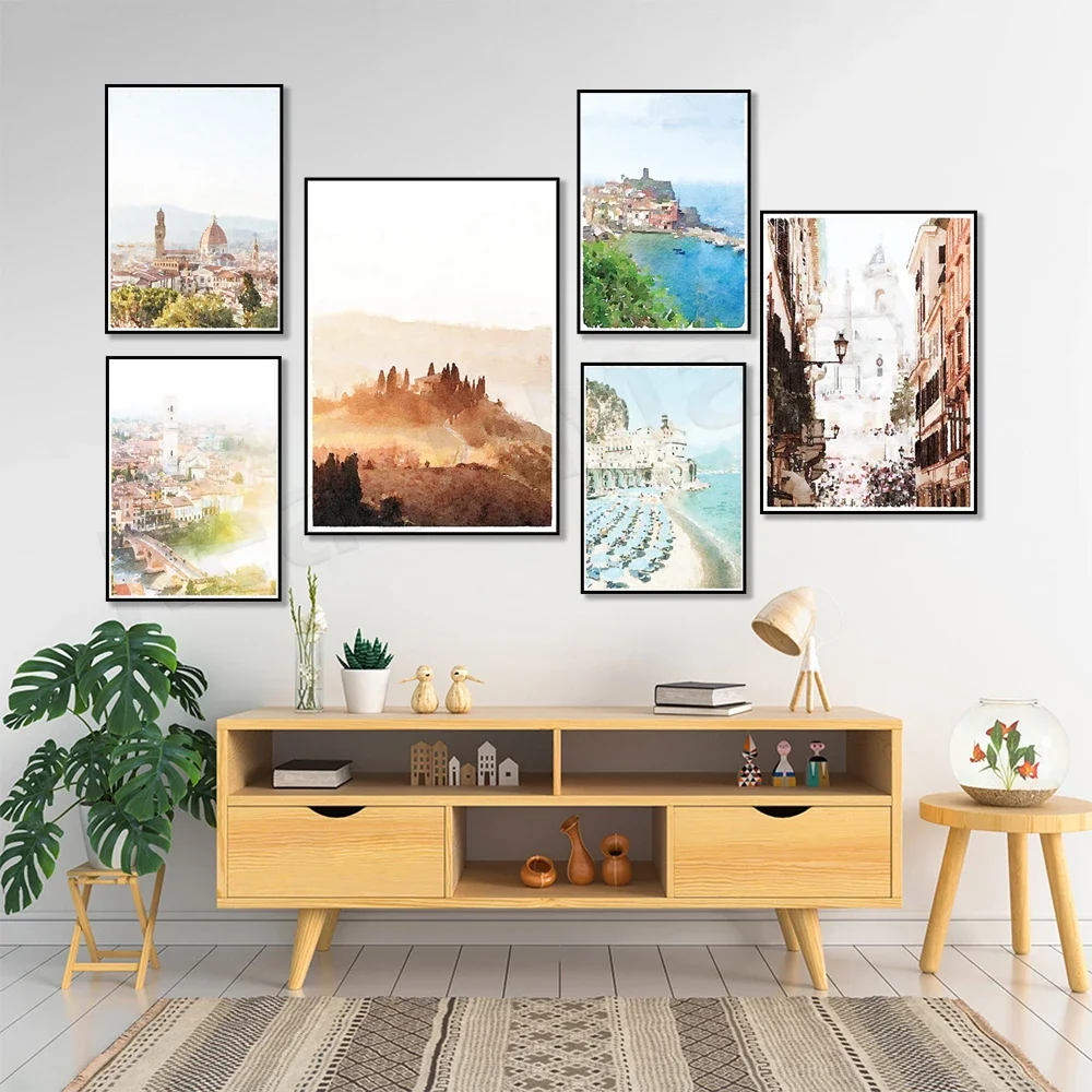 Italy Travel Gallery Watercolor Wall Art Prints, Rome, Florence, Amalfi Coast, Cinque Terre, Verona, Venice Travel Scenery Poste