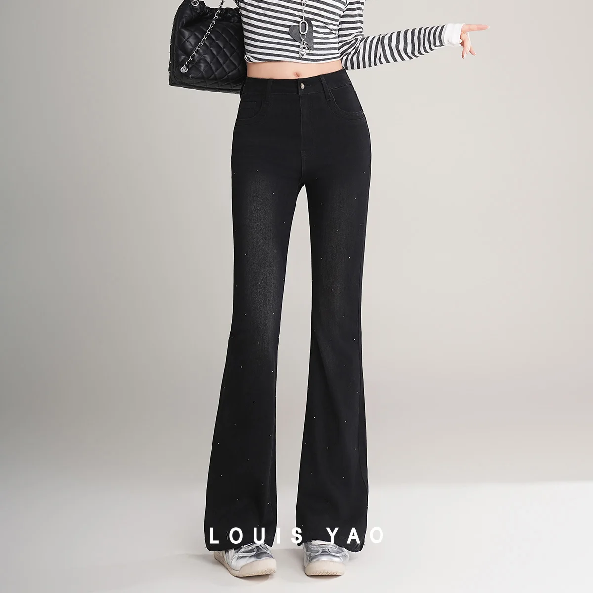 

LOUIS YAO Slim High Waisted Slightly Flared Jeans 2025 Autumn Casual Sparkling Decoration Slightly Elastic Women's Denim Pants