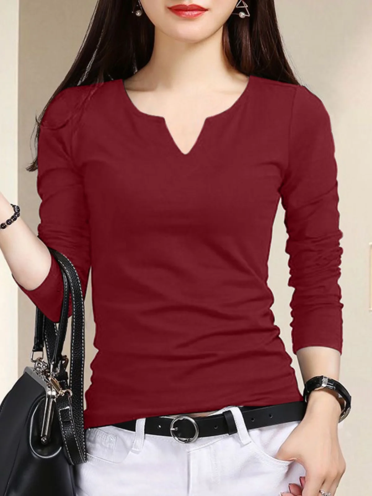Feminino V-Ne Long Sve Base irt Modal Elástico Slim Fit Design Faionable Top Outono Inverno Novo Sle Commute Sle Pur...