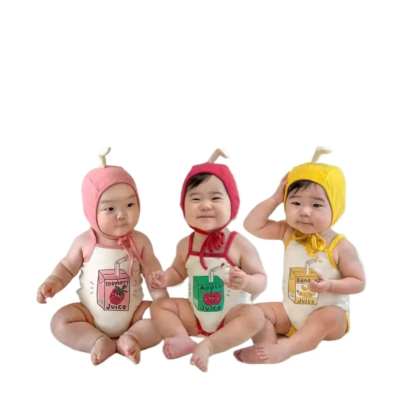 

Summer Baby Bodysuit Printing Fruit Drink Sling Sleeveless Belly Protection Jumpsuit Cap Suits Newborn Clothes for 0-1 Years