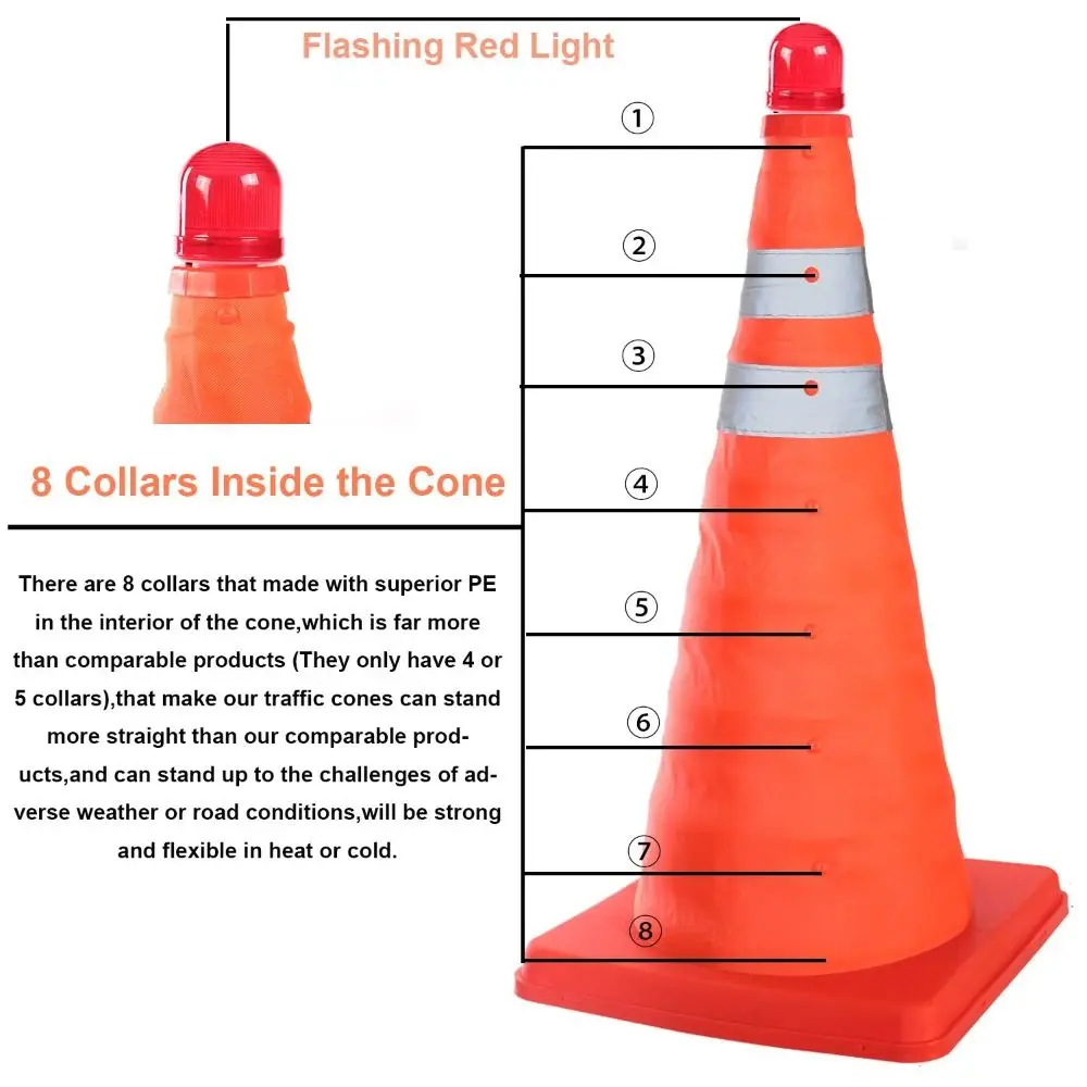 Orange Color LED Light Reflective Cone Reflective Stripes Foldable Design Reflective Traffic Cone with Ceiling Light