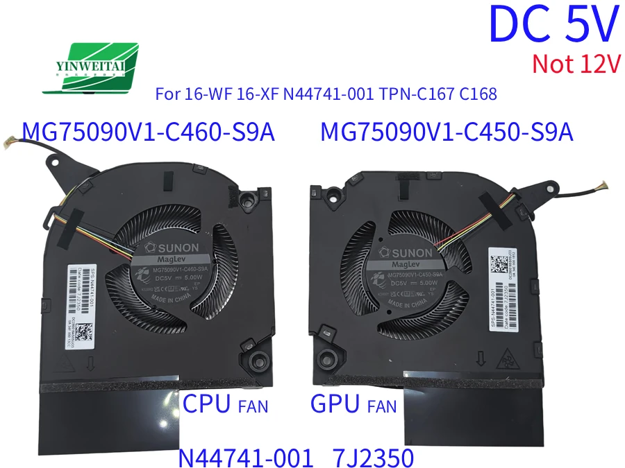 

MG75090V1-C450-S9A MG75090V1-C460-S9A N44741-001 7J2350 5V New Fan for HP OMEN 9 PLUS 16-WF 16-XF TPN-C167 TPN-C168 Series