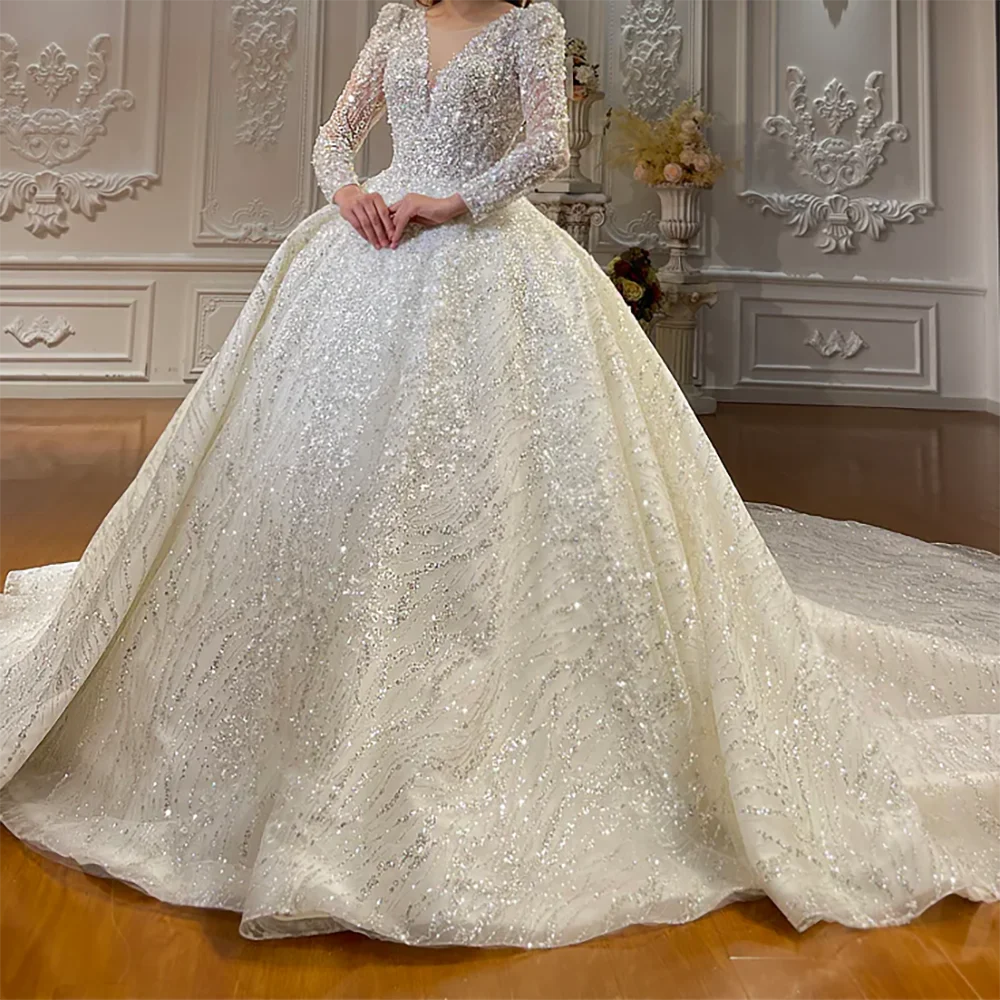 

Роскошные свадебные платья трапециевидной формы с v-образным вырезом и длинными рукавами, свадебные платья по индивидуальному заказу