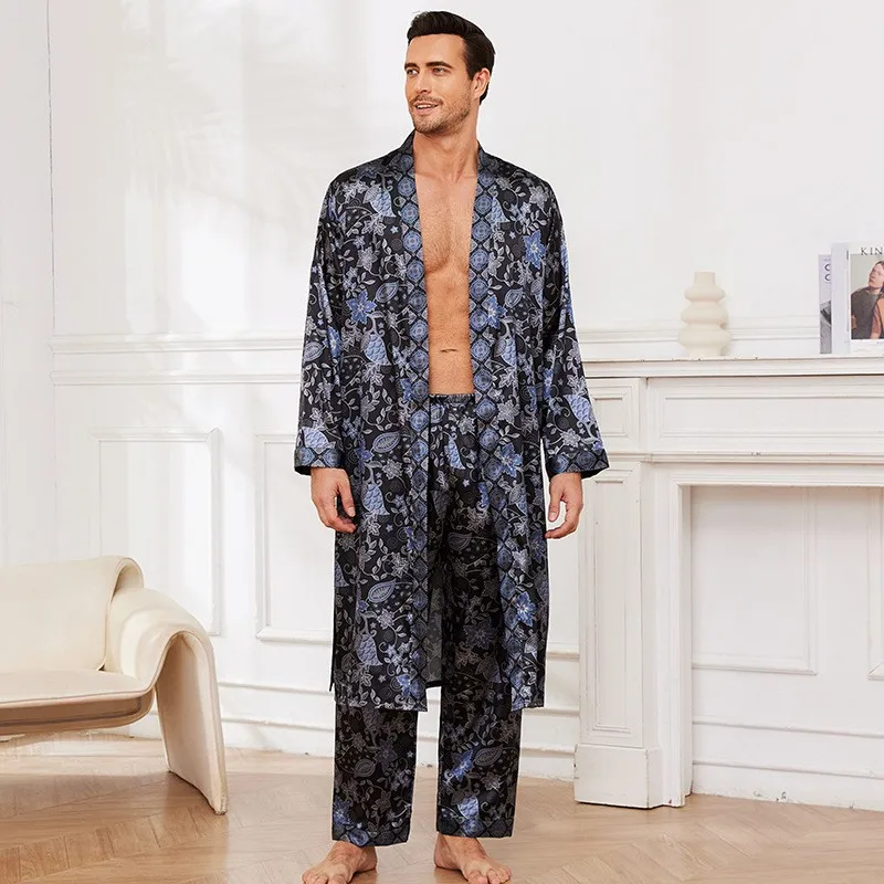 2024 Autumn New Men\'s Pajamas Long Sleeve Kimono Gown Bathrobe 2PCS Robe Trouser Suits Luxury Silky Satin Homewear Loungewear