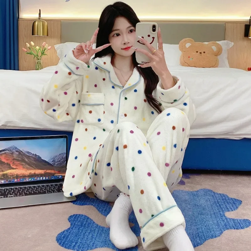 5XL Plus Size Winter Coral Fleece Thickened Pajamas Set Women\'s Cartoon Flannel Warm Home Clothes Soft Long Sleeve Two-Piece Pjs