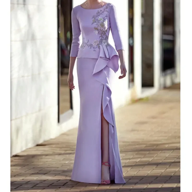 Elegant Women'S Crewneck Satin Long Sleeve Evening Dress Beautifully Pleated Print Decorated With Slit Ball Dress