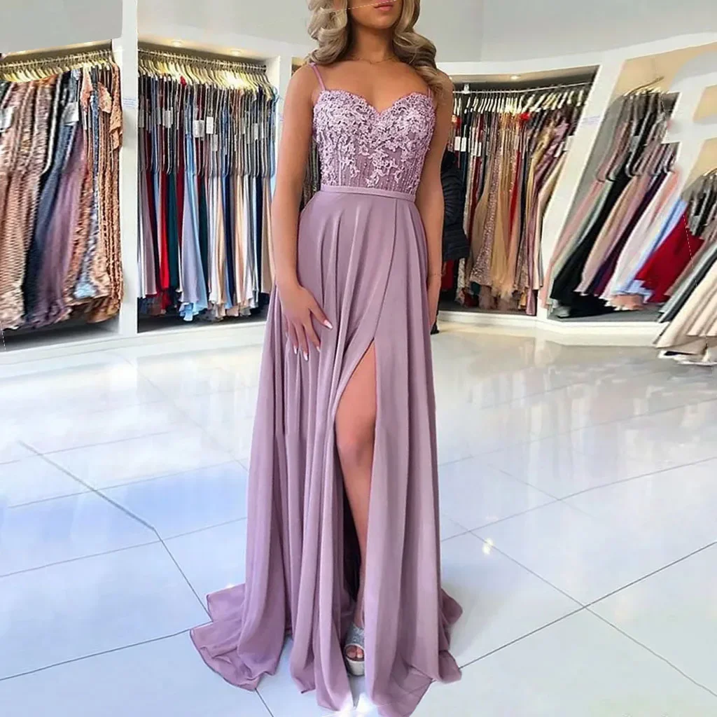 GDYBAO Women‘s Spaghetti Straps Bridesmaid Dresses Long Slit Lace Chiffon Prom Dress Backless Wedding Party Evening Gowns