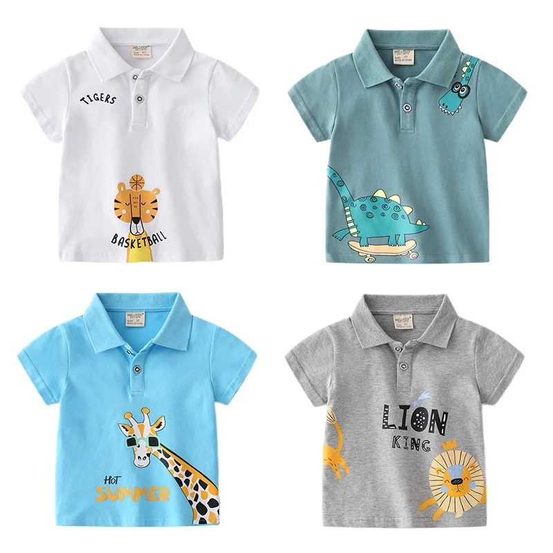 

2024 Summer New Boys' Short-Sleeve Cotton T-Shirt Casual Breathable Polo Shirt for Kids Cartoon Animal Print, Ages 3-8, 4 Colors