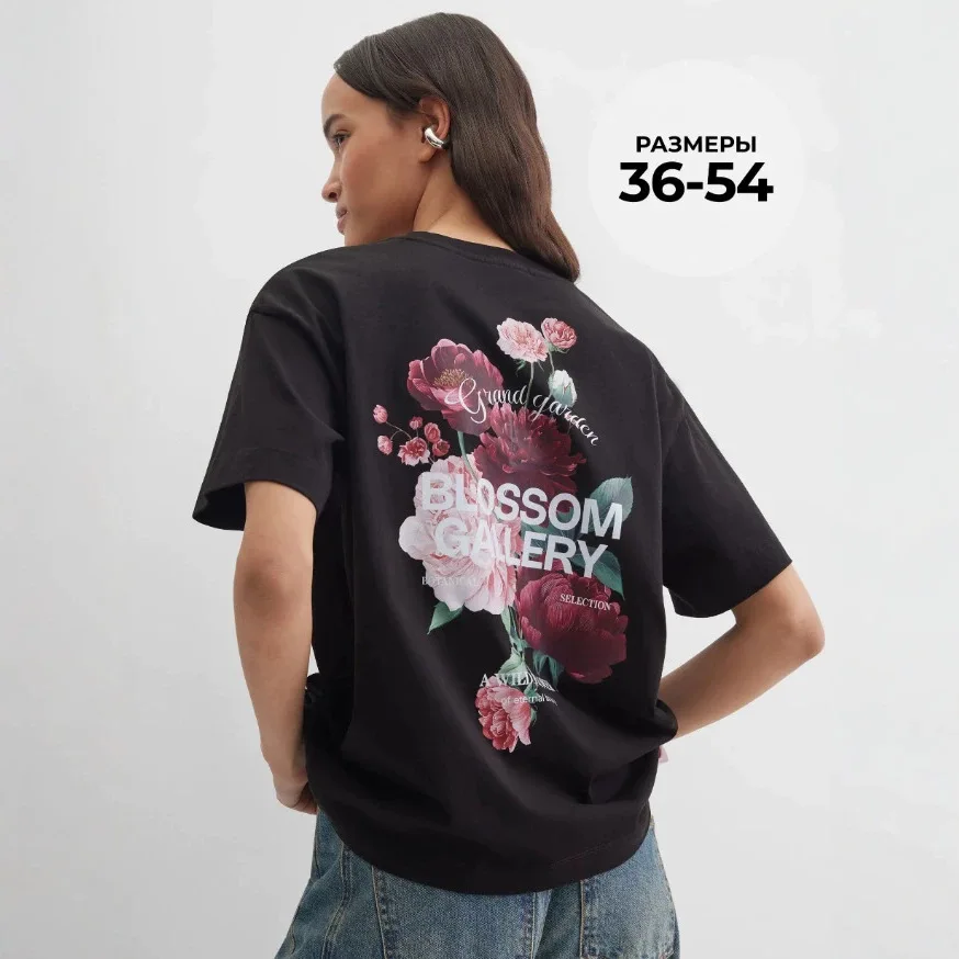 Black Soft Pure Cotton Vintage Cottagecore T-shirts Realistic Peony Floral Blossom Gallery Print Elegant Aesthetic Tops Women