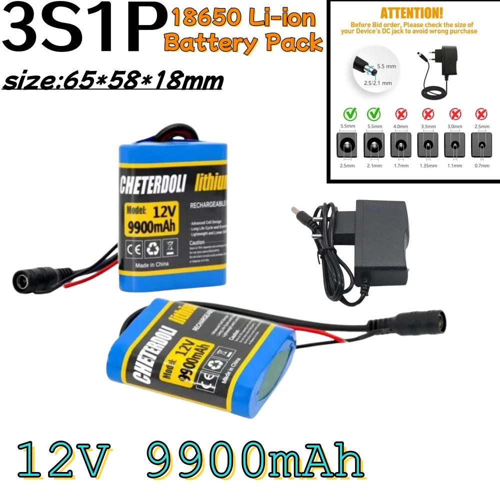 

3S1P 12V 9900mAh Rechargeable Li-ion Battery with BMS & Protection Board, 18650 Battery Packs +12.6V Charger for Universal Use.