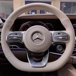 Hand-stitched non-slip Beige Genuine Leather Steering Wheel Cover for Mercedes Benz W205 C118 W177 V177 W247 C257 W213 2018-2021