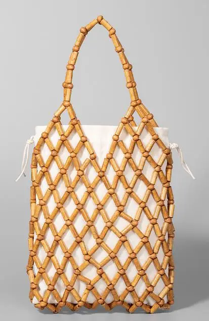 Handmade Woven Bag with Hollowed Out Wooden Beads Handbag Women Summer Portable Bucket Drawstring Fashion Beach Tote