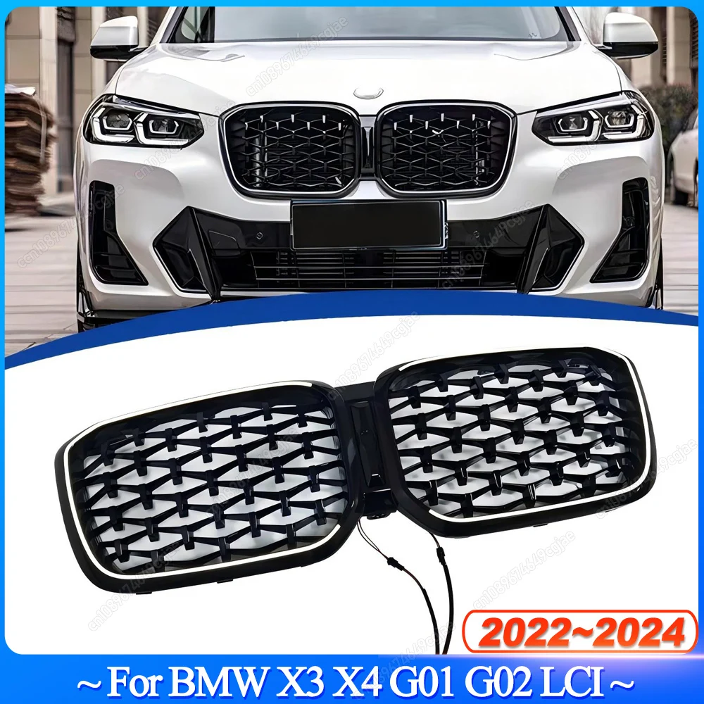 

For BMW X3 X4 G01 G02 2022-2024 LCI Car Front Bumper Kidney Grill Grilles Meteor Gloss Black With LED White Light Bodykit Tuning