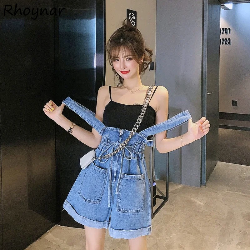 

Rompers Women Denim Youth Ins S-3XL Pockets Preppy Lovely Solid Simple Summer Design Clothing Tender Aesthetic Vintage Ulzzang