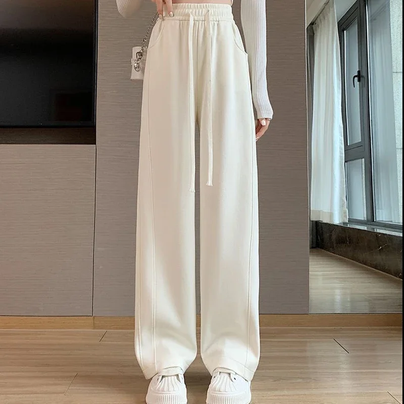 Women High Waisted Leisure Loose Pants Girls Casual Straight Leg Slacks Female Baggy Light Grey Khaki Beige Black Trousers view 3