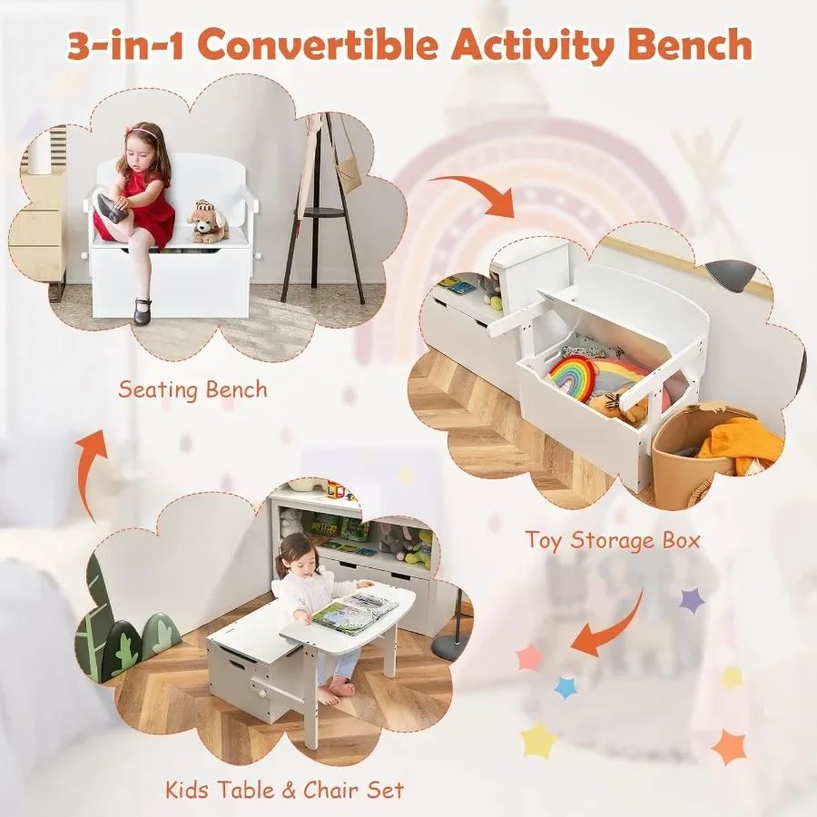 

3in1 Convertible Wooden Toy Storage Bench With Handle For Toddlers Table And Chair Set Ideal For Daycare Playroom Safe And Dura