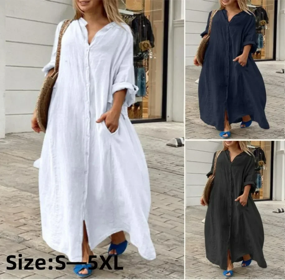 

2024 Women‘s Autumn Cotton Linen Long Dress White Long Sleeve Oversize Shirt Dresses Female Casual Fashion Loose Clothing Ladies