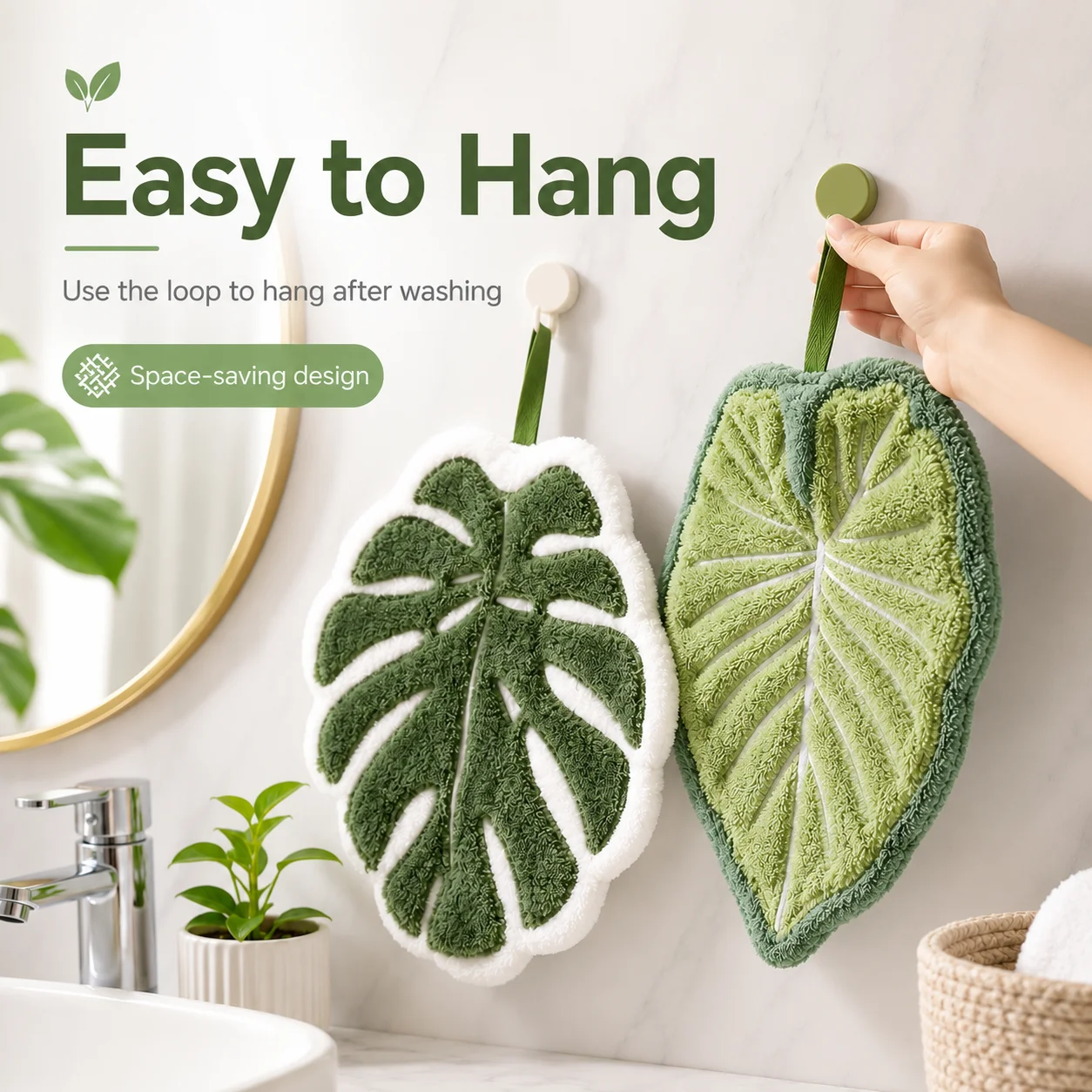 Leaf Shaped Hanging Hand Towel Absorbent Polyester Soft Hand Cloth for Kitchen Bathroom Sink Hook Decorative Green Plant Towel