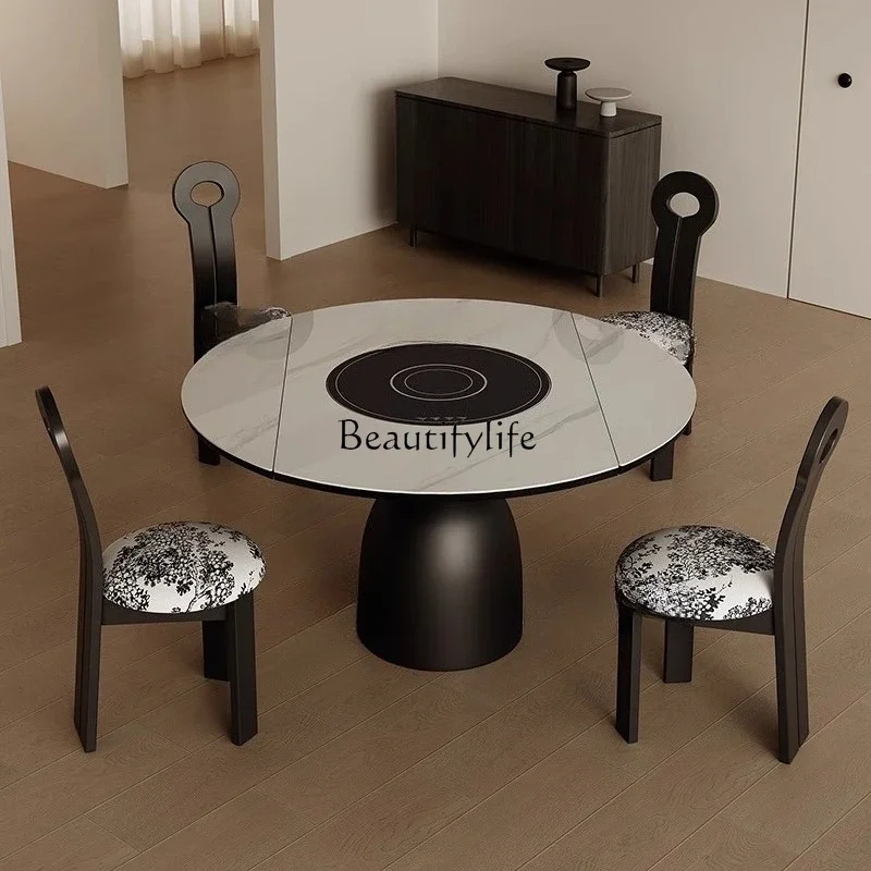 

yj7 Vintage Rock Slab Dining Table, Extendable, Square and Round Dual-use, with Warming Plate, Light Luxury Solid Wood
