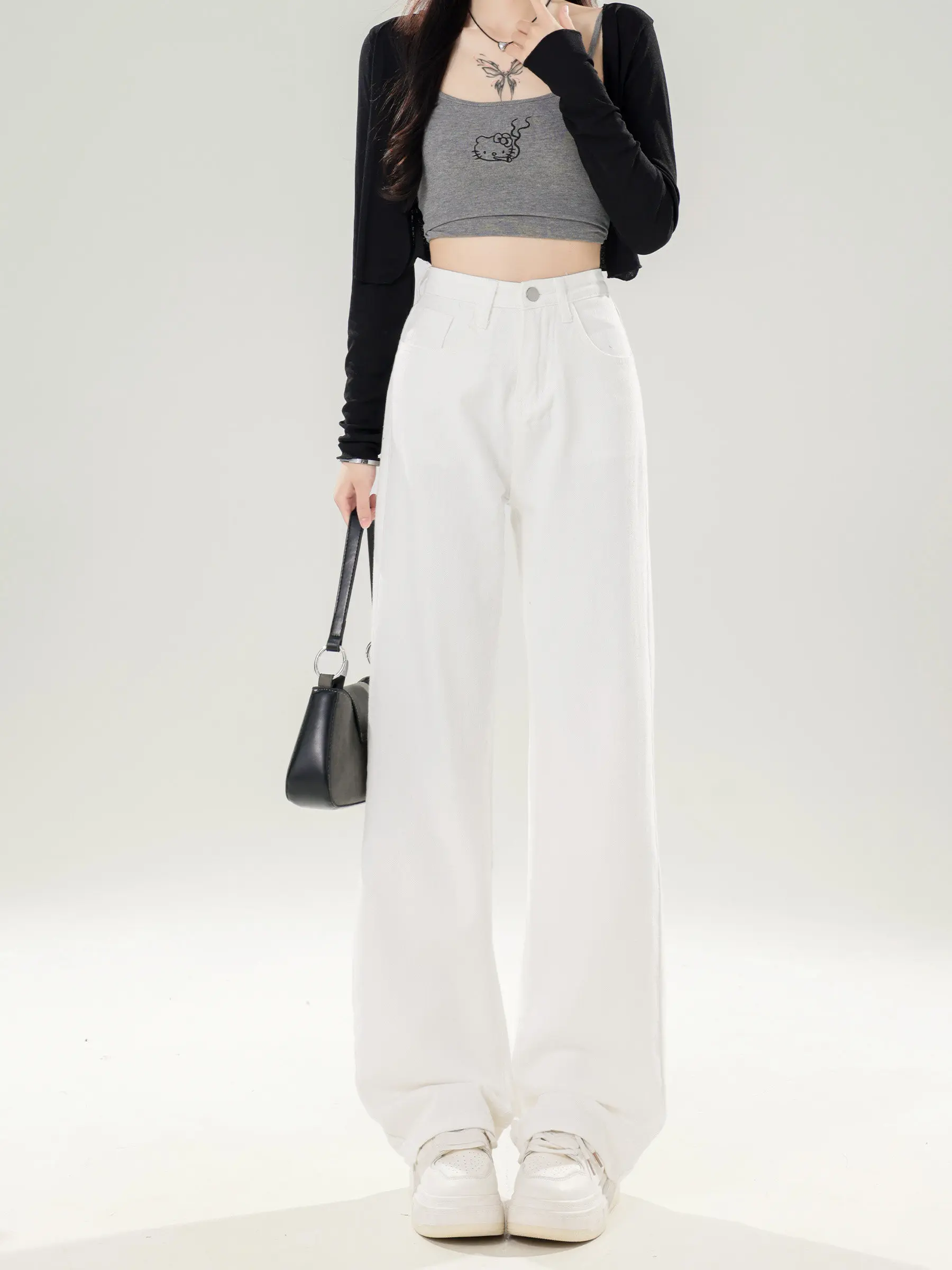 

White Casual Thin Straight Leg Jeans Women's Summer New High Waist Loose Slimming Pants Wide Leg Denim Cotton Blend Elastic
