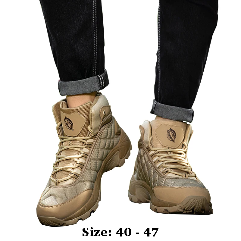 

High quality high top cotton leather mountain boots for men size 46 47 new 2024 autumn outdoor hiking desert shoe blue khaki