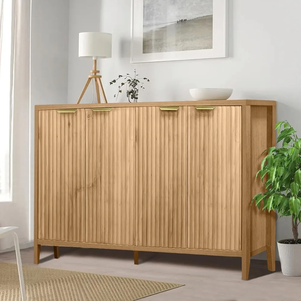 

Fluted Sideboard Buffet Cabinet 4 Doors, 55" Large Coffee Bar Cabinets with Storage Adjustable Shelves, Wood Accent Console