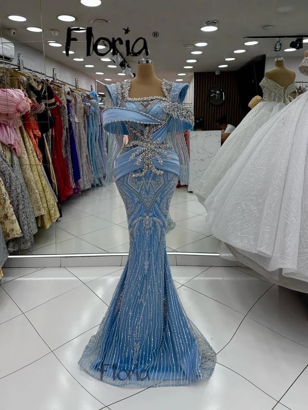 Długa niebieska sukienka damska z błyszczącymi kryształami, długi rękaw, suknia na wesele, sukienka na przyjęcie, szyta na miarę, syrenka, suknia na drugie przyjęcie, nowa suknia damska.