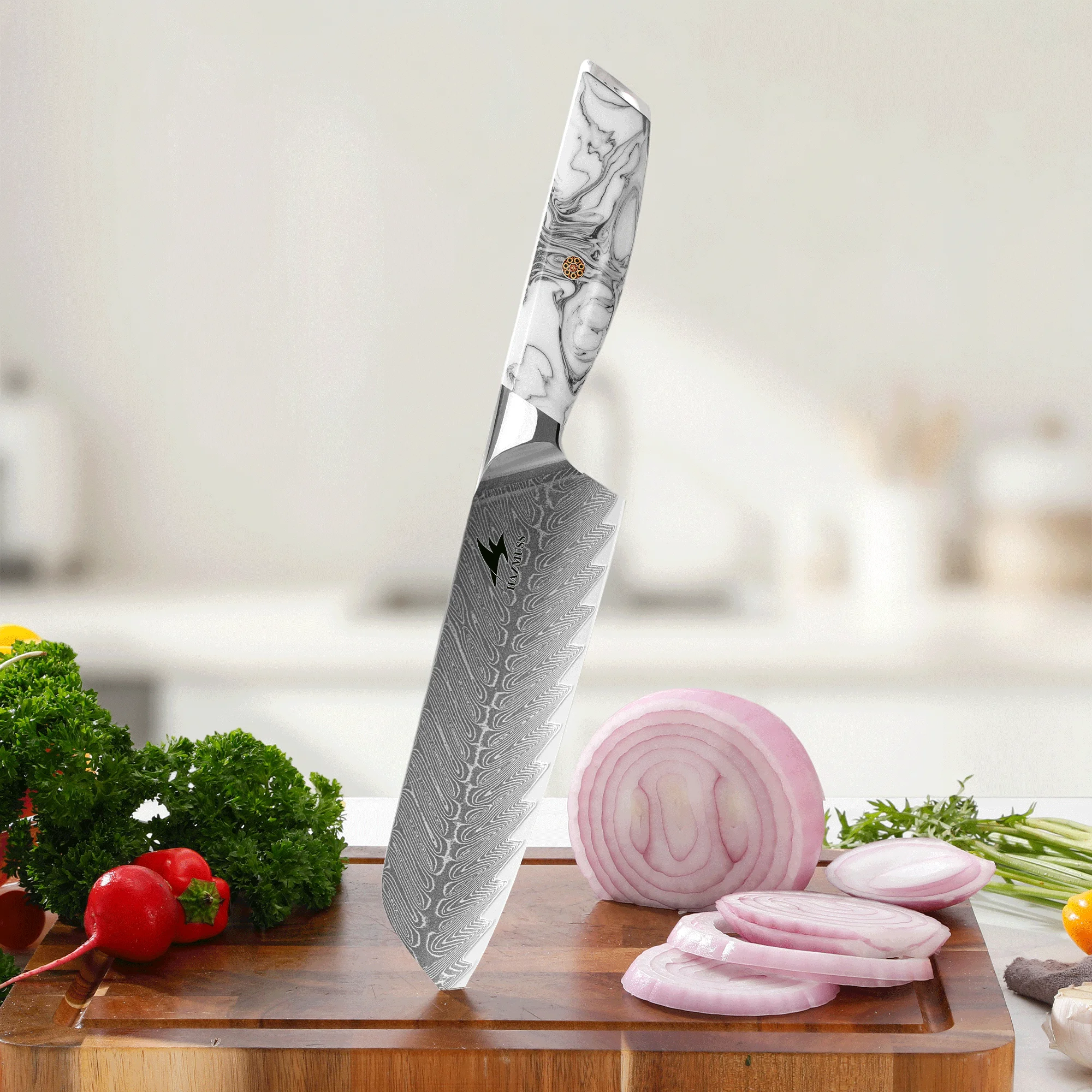 Professional 7" Santoku Chef Knife, Japanese Damascus VG10 Core Steel, Ergonomic Resin Handle, Razor Sharp for Home & Restaurant