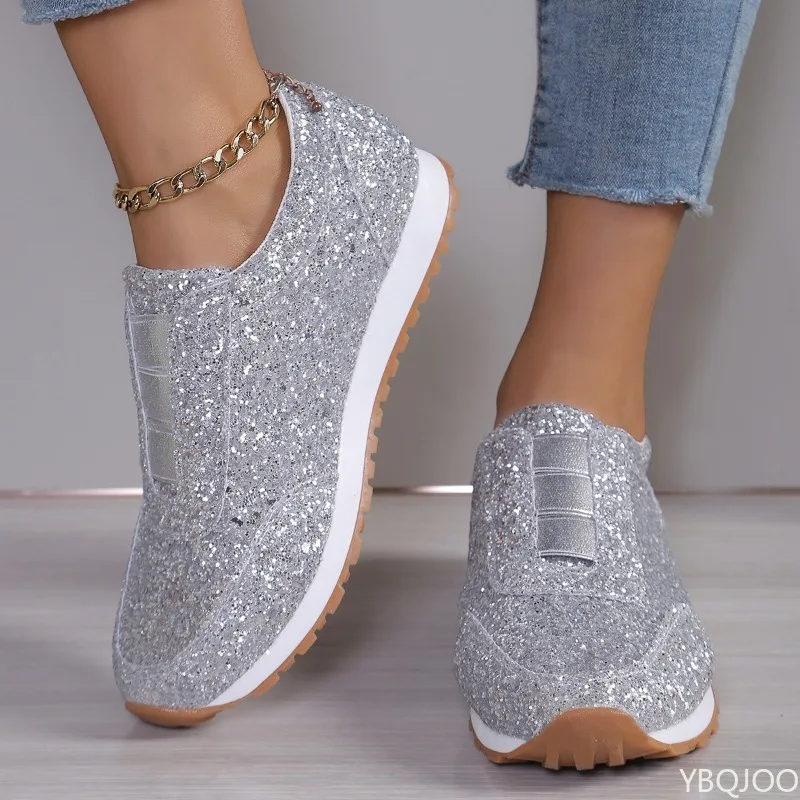 新しいカジュアルで快適な女性用シューズ、ファッショナブルで多用途な厚底スニーカー、シンプルで軽量なスパンコール付き女性用シューズ