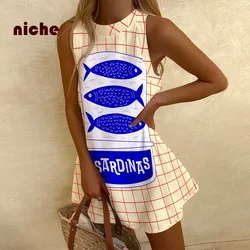 Pink Yellow Women's Sleeveless Dress Sardines Fish Print Fashion Trend New Beach Vacation Party Dresses Girls Clothes