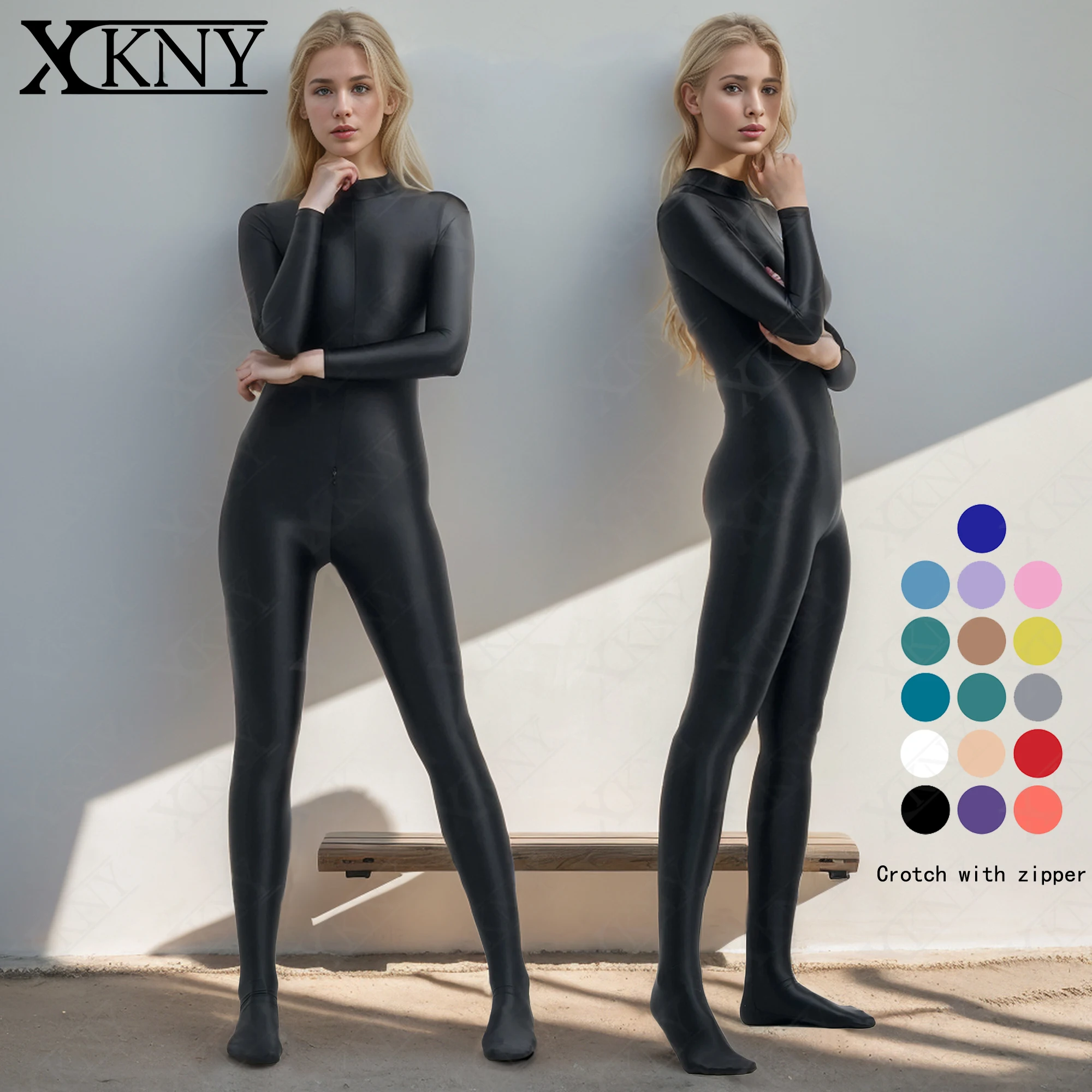 XCKNY Women Shiny Bodysuit Tight-fitting Oil Smooth Long Zipper Overalls Yoga Zentai Suits Casual Sport Tights Catsuit Jumpsuits