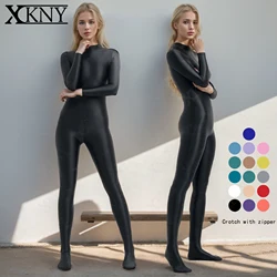 XCKNY damskie błyszczące body obcisłe olej gładkie długie kombinezony z zamkiem błyskawicznym joga Zentai garnitury Casual rajstopy sportowe Catsuit kombinezony