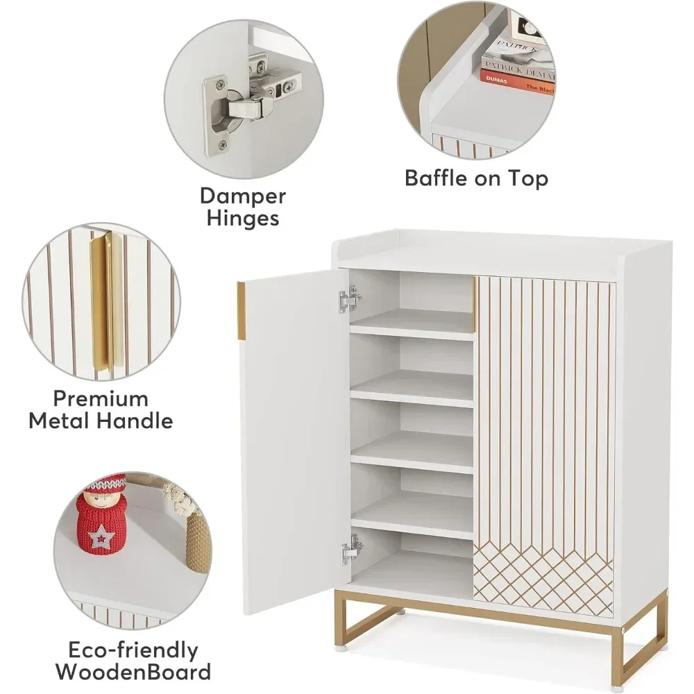 Armoire à chaussures blanche avec portes, armoire à chaussures moderne T1 à 5 niveaux, armoire de rangement en bois autoportante, 25 paires