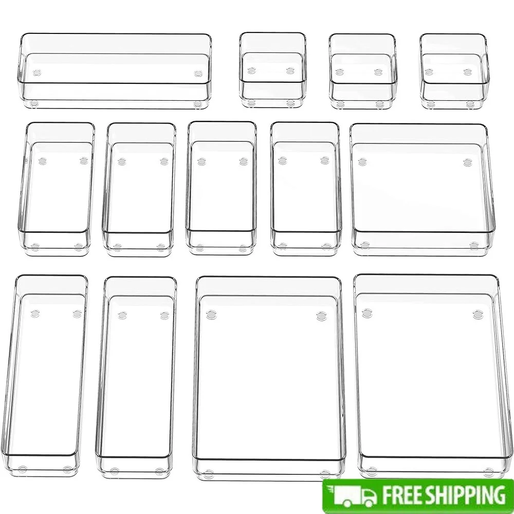 

13-Piece Drawer Organizer Set Non-Slip Silicone Pads Stackable Plastic Storage Trays Makeup Jewelry Utensils Office Kitchen