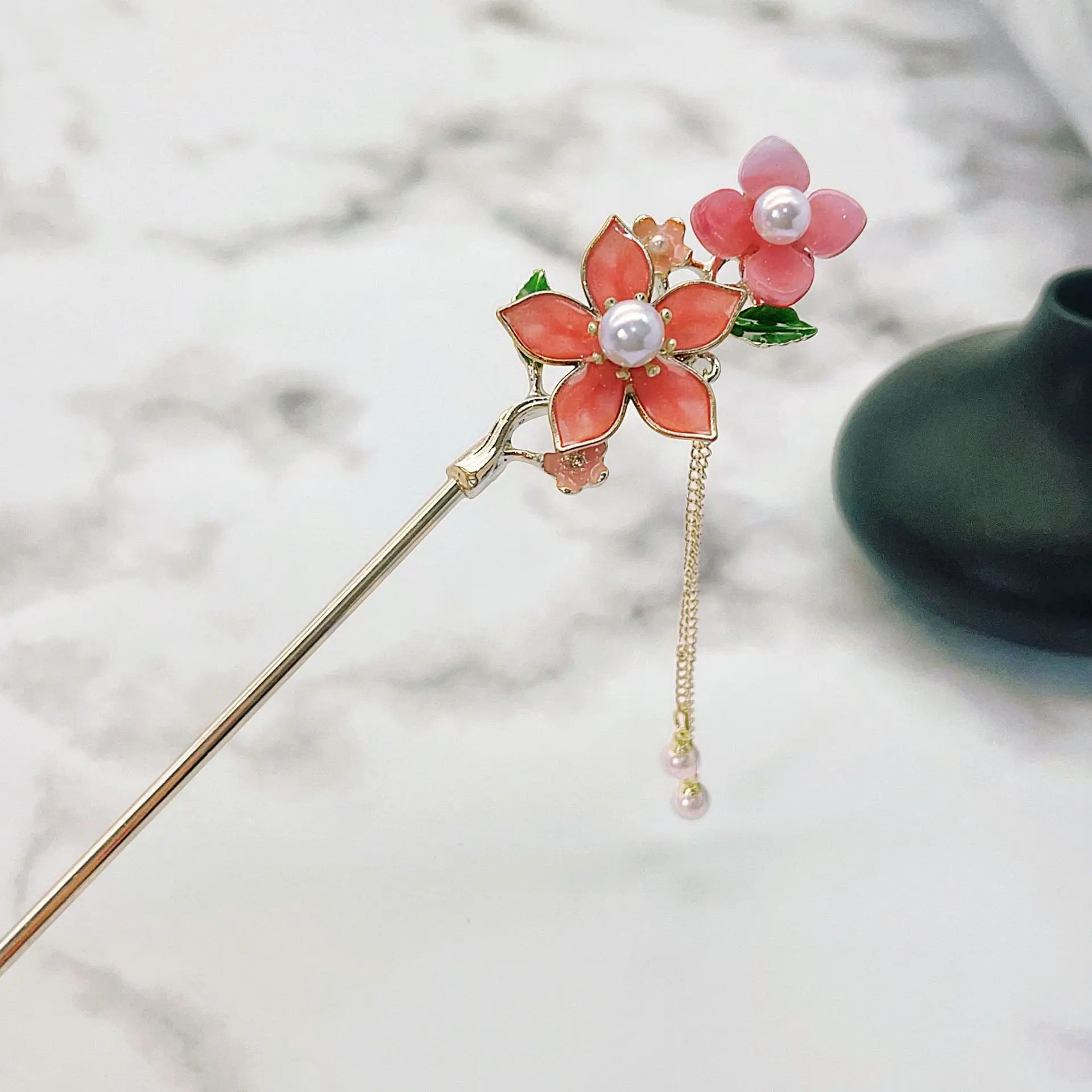 Pink Flower Hair Sticks Forks Retro Chinese Style Alloy Hairpins Side Clips Chain Tassel Pearls Pendant Decor Women Hair Jewelry image 4