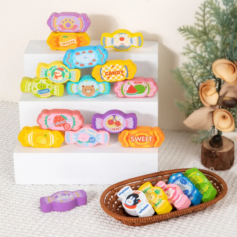 ألعاب خشبية ملونة على شكل حلوى مع أنماط متنوعة للعب. يمكن للأطفال ممارسة التعرف على الأشكال أثناء متعة مع العلبة #6