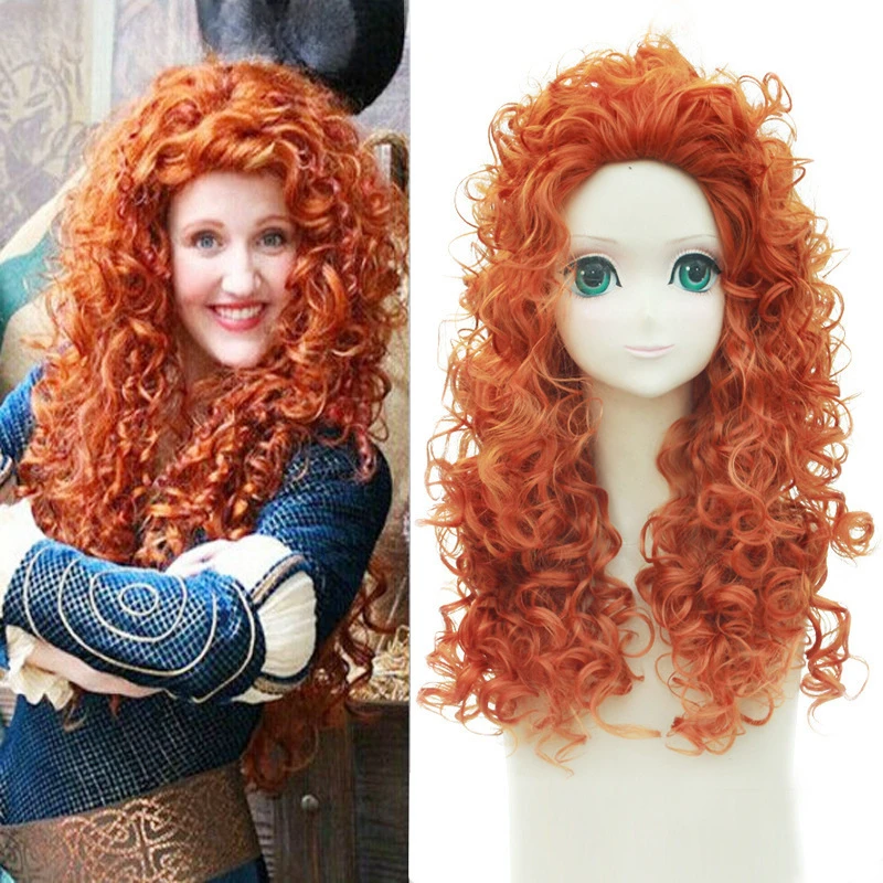 Fancy Synthetic Brave Merida Princess Cosplay Wig Orange Long Curled Hair Princess Wig for Women Carnival Party Accessories