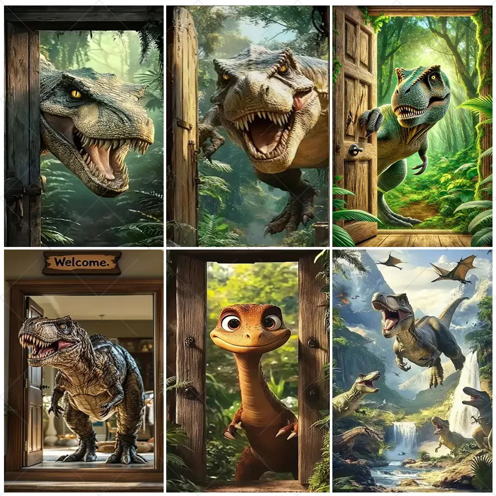 

Cartoon Dinosaur Photography Backdrop Supplies Door Cover Party Porch Decoration Tropical Jungle Background Photo Shoot Props