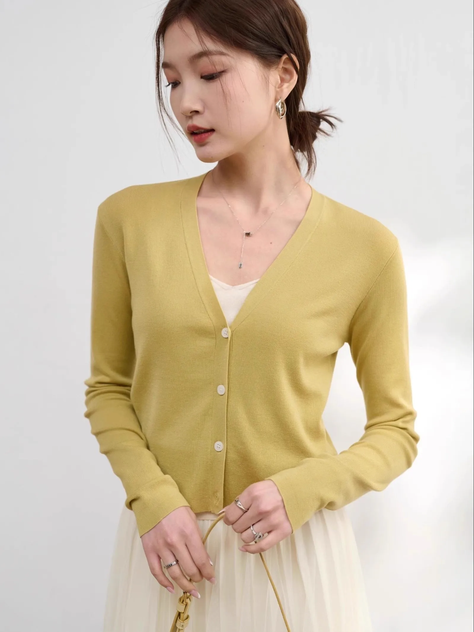 

JPOO Однотонный вязаный свитер с длинным рукавом и круглым вырезом из шелкового хлопка, комфортная верхняя одежда для кондиционированных помещений, женская повседневная одежда