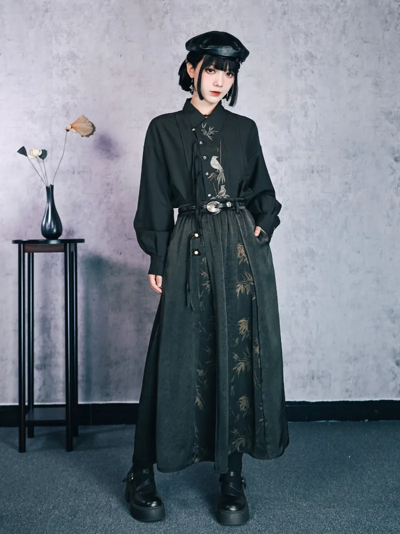 Style National Patchwork bambou motif imprimé taille haute minceur gland noir jupe longue pour les jupes décontractées chinoises pour les femmes