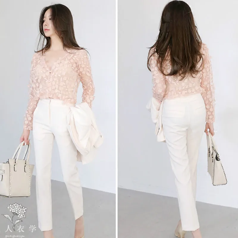 Luxury 3D Flowers Petal Chiffon Shirt Perspective Mesh Blouse OL V