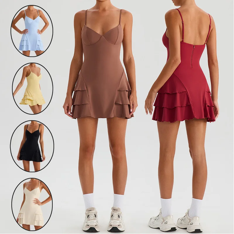 Women Ruffle Tennis Dress V-Neck Sexy Sports Dresses Built-in Bra and Shorts High Waist Skort Quick Dry Athletic Yoga Skirts